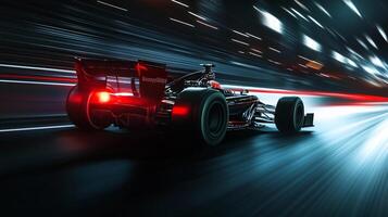 A sleek race car speeds through a tunnel of light, its taillights glowing red as it accelerates. Motion blur adds to the sense of speed. photo