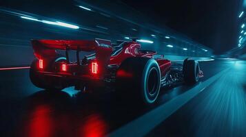 Sleek red race car speeds through a neon-lit tunnel, leaving a mesmerizing blur of motion and light. Velocity redefined. photo