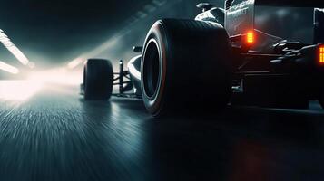Race car speeding through a tunnel. Focus on the details like the lights, shadows, and tire texture showcase the vehicle's high performance. photo