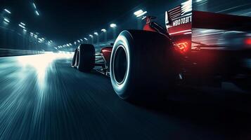 Sleek red race car speeding through a brightly lit tunnel, rear view. Motion blur effect. Excitement and adventure. High-speed action. photo
