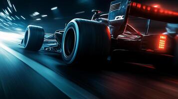 Close-up shot of a race car speeding down the track in a tunnel with blue light trails and red tail lights. High speed motorsport scene. photo