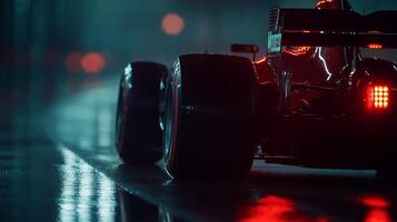 Race car tires and tail lights in the rain on a city street, creating vibrant reflections and a dynamic scene, highlighting automotive power. photo