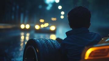 A child gazes at the road in the evening, observing the reflections and lights from moving automobiles with a contemplative expression. photo
