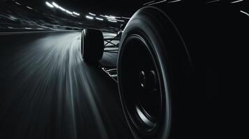 Monochrome speed blur featuring an open-wheel race car driving on a track with streaks of light suggesting the velocity of the vehicle. photo