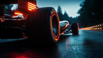 Sleek race car detail, illuminated by bright red-orange glow. Asphalt reflecting light, trees background on the racetrack. photo
