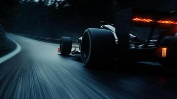 A dark race car speeds around a bend on a dimly lit track, with motion blur emphasizing its speed. The image captures the essence of speed. photo