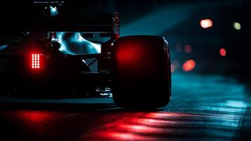 Rear view of a race car with tail lights illuminated. Close-up, dark track, and focus on the tire. Fast, dynamic, and technologically advanced. photo