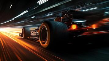 Sleek race car blazing through a tunnel with incredible speed, streaks of vibrant light trailing behind, captured with dynamic motion blur. photo