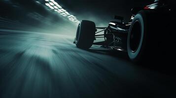 A sleek, dark race car speeds down a track, the lights above creating a sense of motion and excitement during the competition. photo
