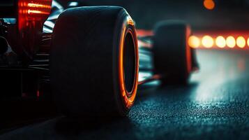 Close-up of a racing car's tires on a track. The track appears wet, reflecting the glowing lights. The tires are new and show a good grip. photo