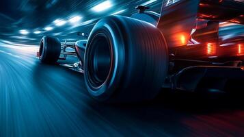Sleek racing car zooms through a bright tunnel, motion blur emphasizing high speed. Low angle, dynamic shot captures the intensity. photo