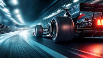 Race car speeding through a tunnel, motion blur emphasizing high velocity, capturing the thrill of motorsports in a dynamic composition. photo