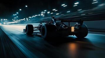 Sleek race car speeds on a track under bright lights, rear view, capturing a dynamic scene of motorsport and high velocity. photo