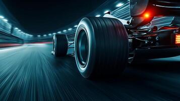 A race car speeds on a racetrack. The focus is on the car's tires and tail lights, with a blurred background showing high speed motion. photo