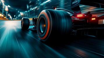 Racing car blurs on the track. Speed, adrenaline, and cutting-edge technology, create thrilling visuals. A moment of competition. photo