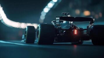 Sleek race car speeds through a tunnel, tail lights glowing. Speed, innovation, and technology come together in this machine. photo