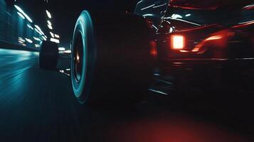 Sleek vehicle speeding through a tunnel, motion blur emphasizing velocity, dark tones enhanced by bright light trails. photo