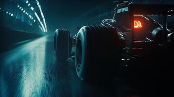 Racecar speeding through a tunnel, rear view emphasizes speed. Dark and intense, evoking a sense of adrenaline and competition. photo