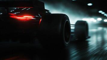 Sleek race car speeding through a tunnel with motion blur, highlighted by its glowing tail lights in the darkness. Intense moment. photo