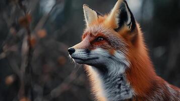 Portrait of a red fox in nature, showcasing its beautiful fur and intense gaze. The animal looks to the left, exuding natural beauty. photo