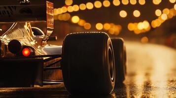 Low angle of race car tail lights and tires in wet condition. Bokeh lights in background add an extra touch of ambience. photo