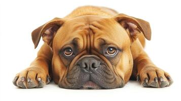 Adorable brown bulldog with soulful eyes resting on a white background, radiating calmness and cuteness. Sleepy dog, relaxation, and love. photo