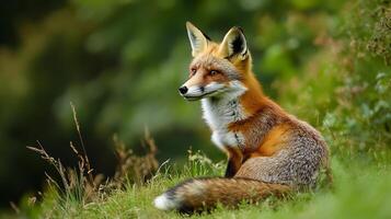 A red fox is sitting in the green grass, it is looking alert with its ears perked. The fox is resting amongst the natural landscape. photo