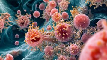 Microscopic view of cells with spiky protrusions, possibly viruses or immune cells, against a textured bluish background. photo