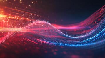 Abstract wave of illuminated data points, simulating flowing digital information, connectivity, and technology in red and blue gradient. photo