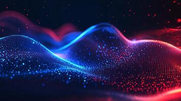 Abstract wave pattern with red and blue gradient lights, suggestive of technology, data streams, or futuristic landscapes. photo