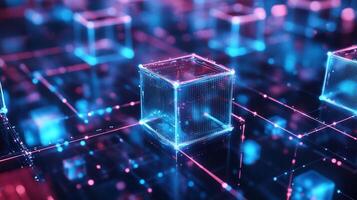 Abstract interconnected cubes with a futuristic neon aesthetic. Visualizing data networks and the complexity of modern technology. photo