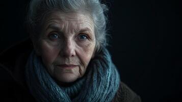 An elderly woman with captivating blue eyes and gray hair gazes directly at the camera, her face etched with a lifetime of stories. photo