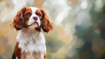 A Cavalier King Charles Spaniel with a beautiful expression, captured in a painting style with brown and white fur and a blurred background. photo