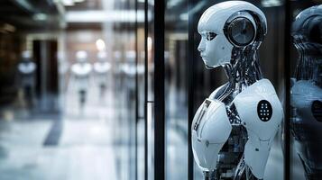 Futuristic humanoid robot standing, embodying artificial intelligence and technological advancement in a sterile, modern setting. photo