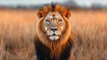 Majestic lion staring intensely, golden mane gleaming under the warm light of the African savanna. A regal animal in its natural habitat. photo