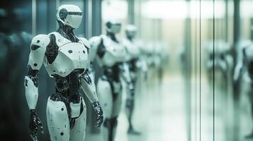 A futuristic assembly line showcases multiple sleek white and black humanoid robots, poised and reflecting advanced artificial intelligence. photo