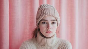Portrait of a young woman with neutral expression wearing a knit beanie and sweater in front of a softly draped pink backdrop. photo