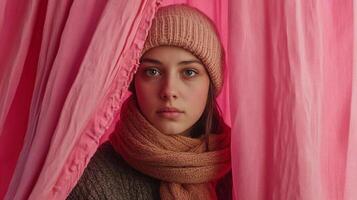 Portrait of a girl in a pink-toned setting with a hat and scarf, looking directly at the viewer with a serene expression. photo