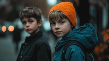 Two young boys stand on an urban street, one wearing a bright orange beanie and a blue coat, facing the viewer with a serious expression. photo