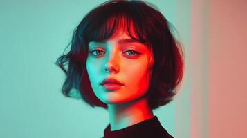 Portrait of a woman with short dark hair, bangs, lit with neon red and blue lights. She looks directly at the viewer with a neutral expression. photo