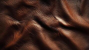 Detailed shot of rich brown leather, showing texture and seam detail. Smooth and supple material with subtle variations in color tone. photo