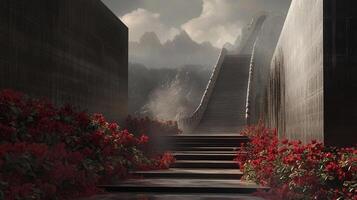 Mystical stairway ascent. Stairway ascends to misty mountains between walls adorned with red flowers. Tranquil natural pathway. photo
