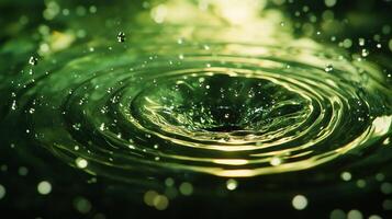 Green water ripples, drops freeze in time, and light adds depth. The splash creates an interesting abstract pattern. photo