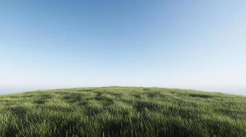 A vibrant field of tall green grass stretches towards a clear blue sky, creating a sense of peaceful tranquility and open space. photo