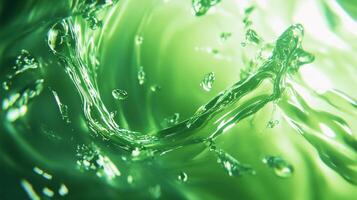 A vibrant green liquid swirls dynamically, capturing motion and purity. Translucent drops scatter, enhancing the energetic flow in a splash. photo