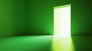 An open doorway bathed in a soft, bright light stands out against the verdant green walls and floor, creating a calming, hopeful ambience. photo