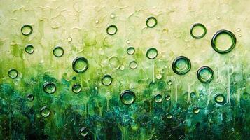 Abstract green painting with floating circles, creating a tranquil, organic atmosphere. Evokes nature's freshness and peaceful vibes. photo