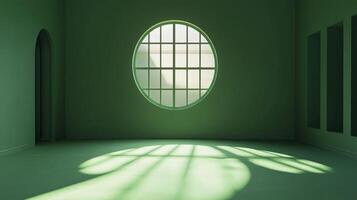 Green room featuring a round window letting light into the space. A simple, modern interior with soft lighting and minimalist design. photo