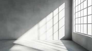 Sunlight streams into a minimalist room, casting shadows and highlighting the texture of the concrete floor and wall. The window creates a dynamic. photo