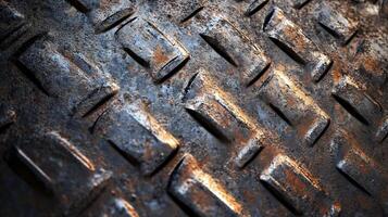 A textured metal surface with an aged and weathered appearance, showcasing a pattern of raised shapes and rust. Heavy texture gives it character. photo